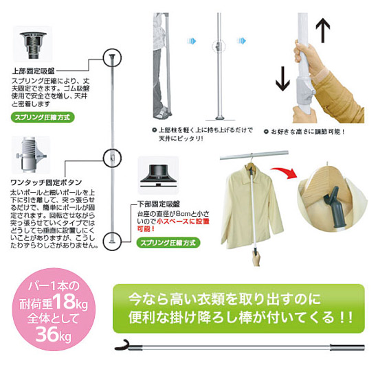 突っ張りハンガー つっぱり収納【マイナーチェンジ 簡単つっぱりポールWハンガー TU-TP2N】